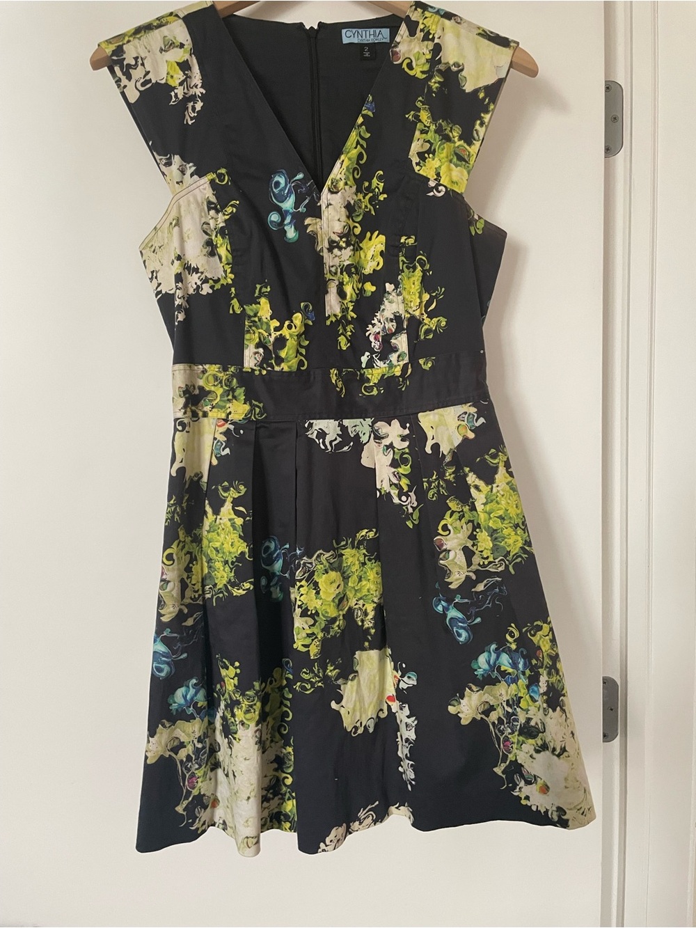 Cynthia Rowley Navy Dress with Yellow-Green & Cream Floral Print